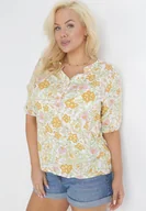 Bluzki damskie - Żółta Bluzka z Wiskozy w Kwiaty i Rękawem 3/4 Thaleta - miniaturka - grafika 1