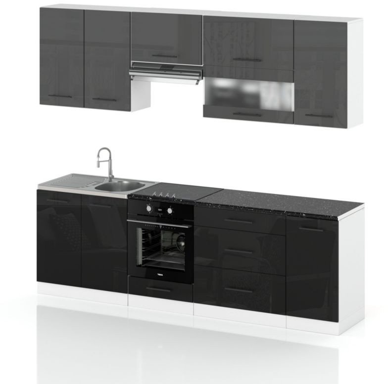 Meble Kuchenne Nowoczesne Kuchnia Robo Lux 2.6m Zestaw Czarny Szary Połysk