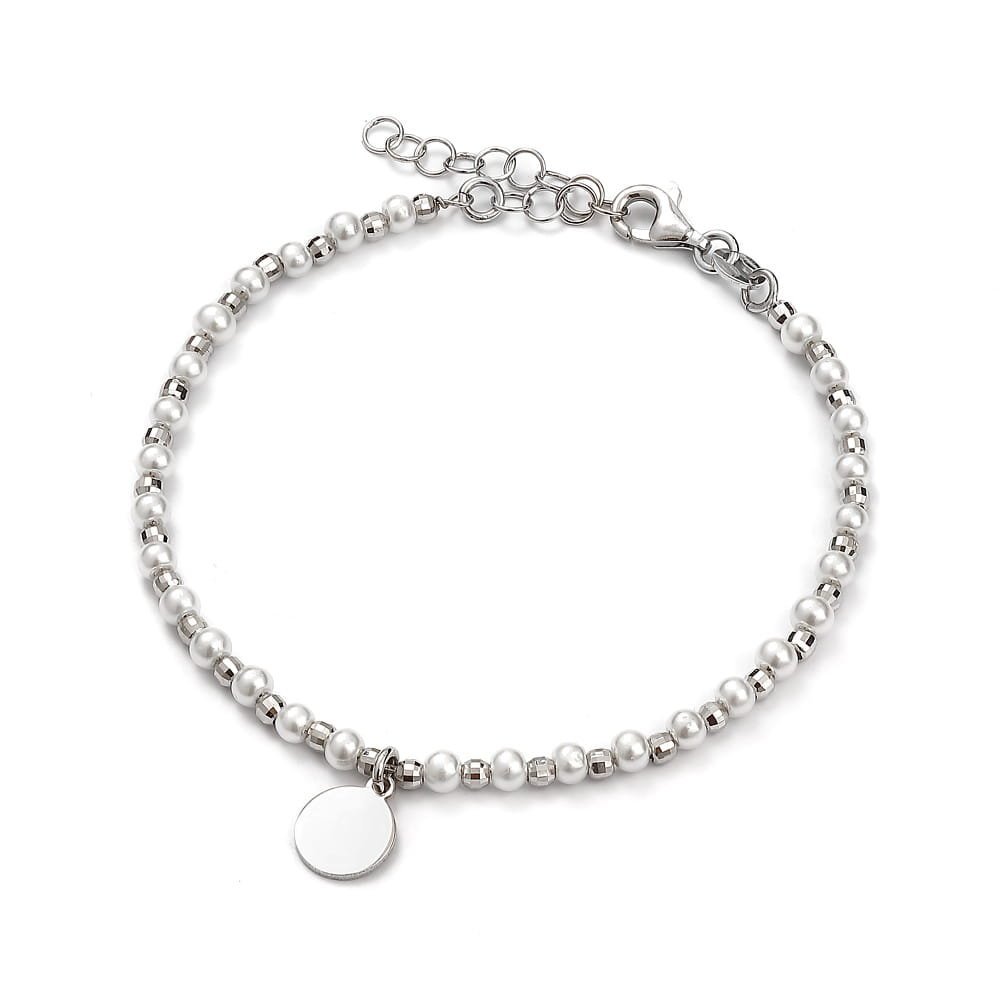 Srebrna bransoletka 925 rodowana z kulkami perłami i okrągłą zawieszką