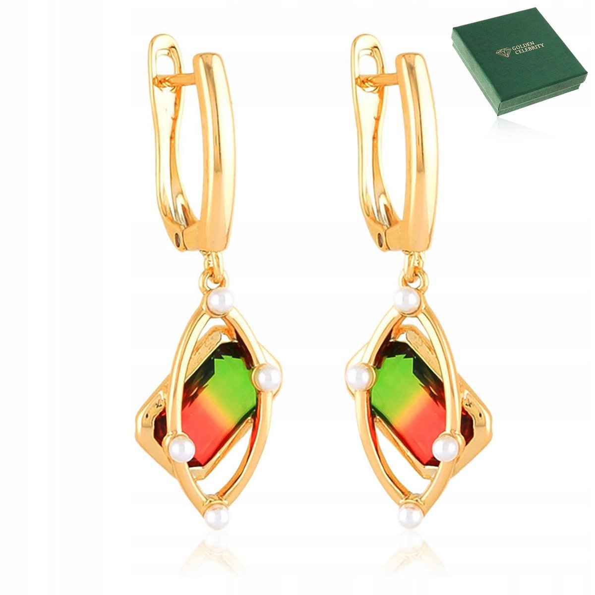 Ładne Złote Kolczyki Stal Chirurgiczna Kryształy Długie Wiszące Angielskie