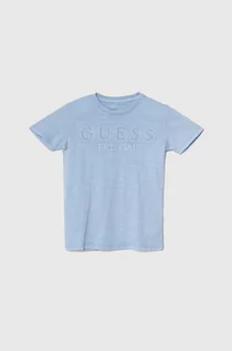 Koszulki dla chłopców - Guess t-shirt bawełniany dziecięcy kolor niebieski z aplikacją - grafika 1