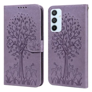 Dla Samsung Galaxy A54 5G Wzór drzewa i jelenia Tłoczony druk Poziome skórzane etui na telefon z klapką Fioletowy - Etui i futerały do telefonów - miniaturka - grafika 1