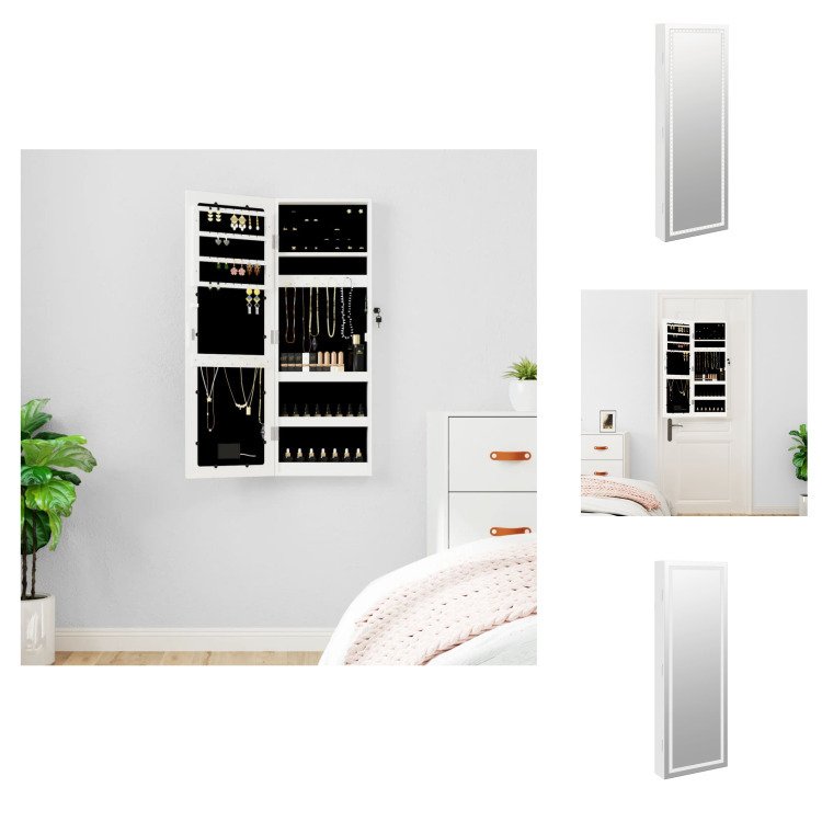 vidaXL Lustrzana szafka na biżuterię z oświetleniem LED do montażu na ścianie, biała - Lustro