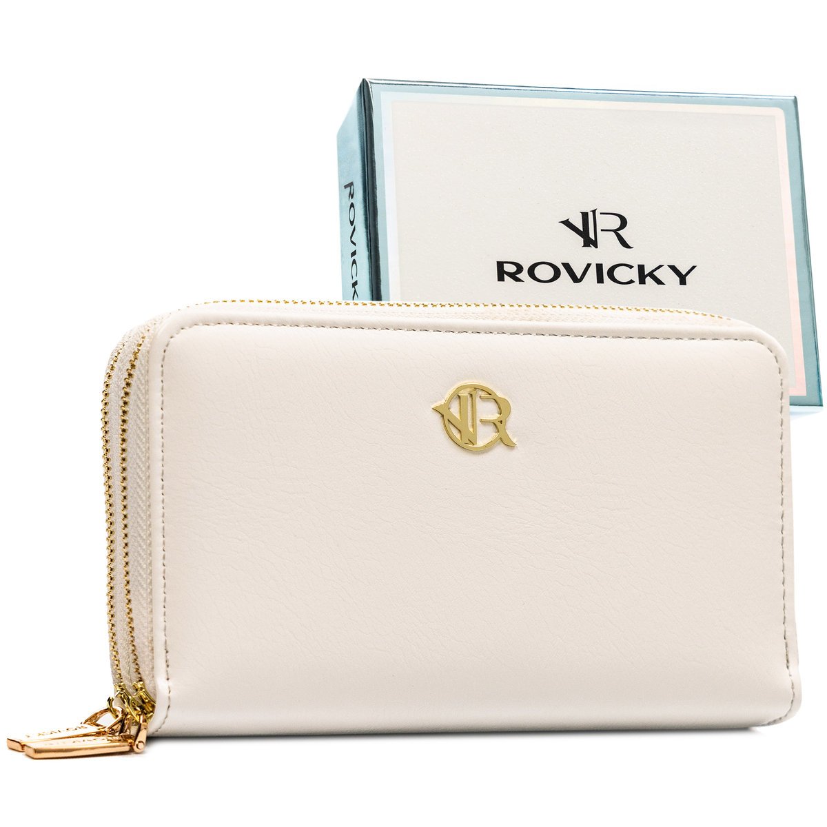 Portfel damski biały ROVICKY elegancki portmonetka na suwak ochrona RFID rozbudowany na karty