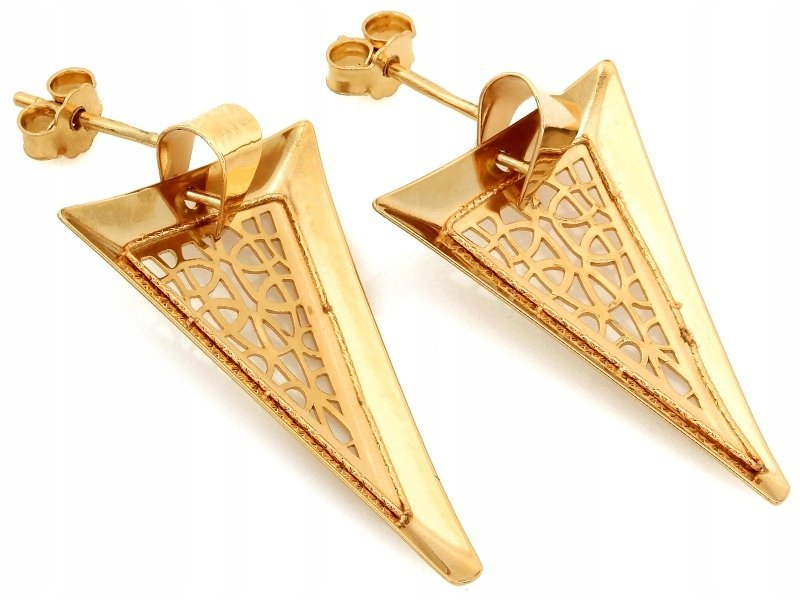 Kolczyki z żółtego złota 585 duże ażurowe trójkąty na sztyfcie na prezent