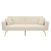 Sofy i kanapy - Sofa rozkładana, z regulowanym kątem, złote nogi, z poduszkami i kieszeniami bocznymi, beżowa - miniaturka - grafika 1