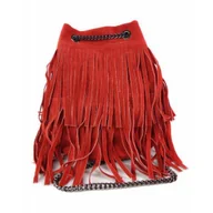 Torebki damskie - Zamszowa listonoszka ,worek frędzle,włoska skóra Vera Pelle Czerwona WL45R - miniaturka - grafika 1