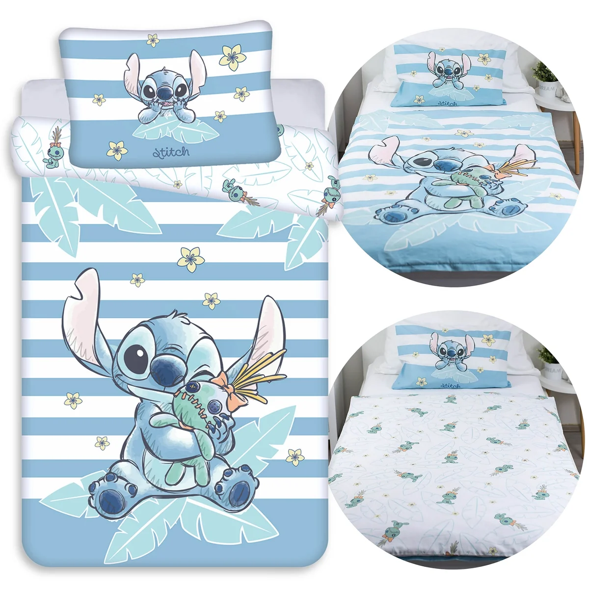 DISNEY Stitch Biało-niebieska, DWUSTRONNA, bawełniana pościel dziecięca na zamek, 100% BAWEŁNA 100x135cm+40x60cm OEKO-TEX