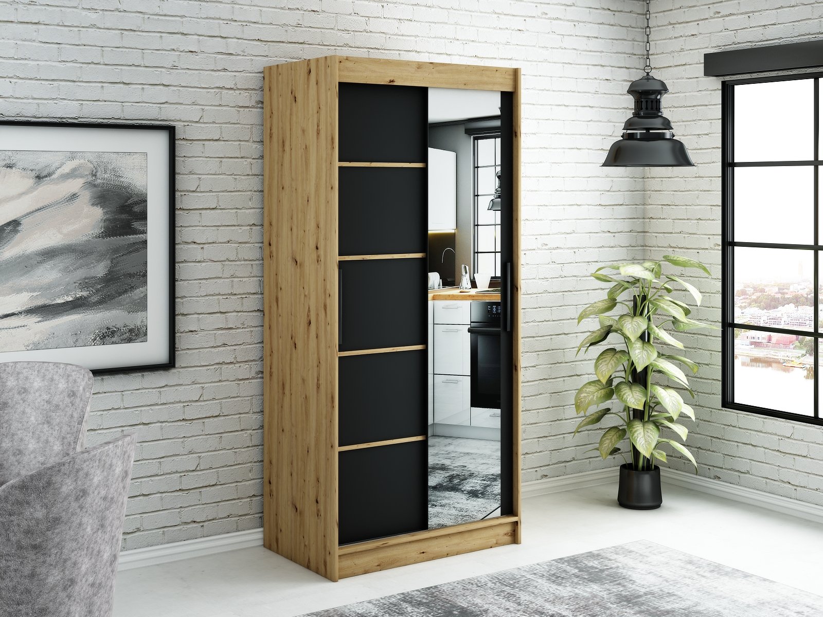 MINIO szafa 100 cm LETO V2 czarny mat / dąb Artisan