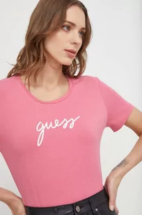 Guess t-shirt damski kolor różowy - Koszulki sportowe damskie - miniaturka - grafika 1