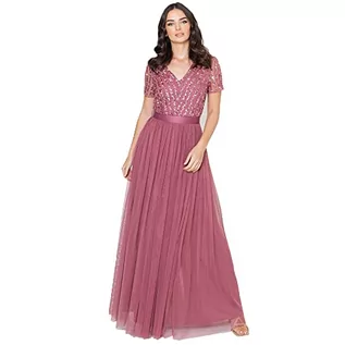 Sukienki - Maya Deluxe Maxi Dress For Women Ladies Bridesmaid V-Neck Plus Size Ball Gown Short Sleeves Long Elegant Empire Waist Sukienka dla druhny dla kobiet, Desert Rose, 48 - grafika 1