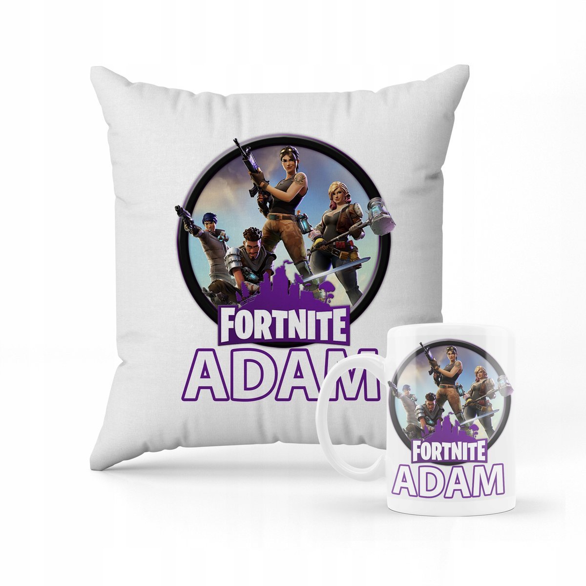 ZESTAW PODUSZKA + KUBEK PREZENT DLA DZIECKA FORTNITE GRA + IMIĘ