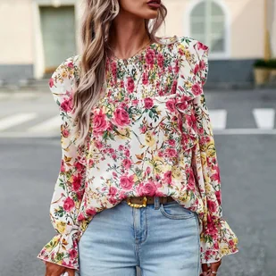 Damska bluzka z motywem kwiatowym - Biały - Bluzki damskie - miniaturka - grafika 1