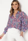 Koszule damskie - Niebiesko-Różowa Koszula w Kwiaty z Bufiastymi Rękawami Morwenia - miniaturka - grafika 1