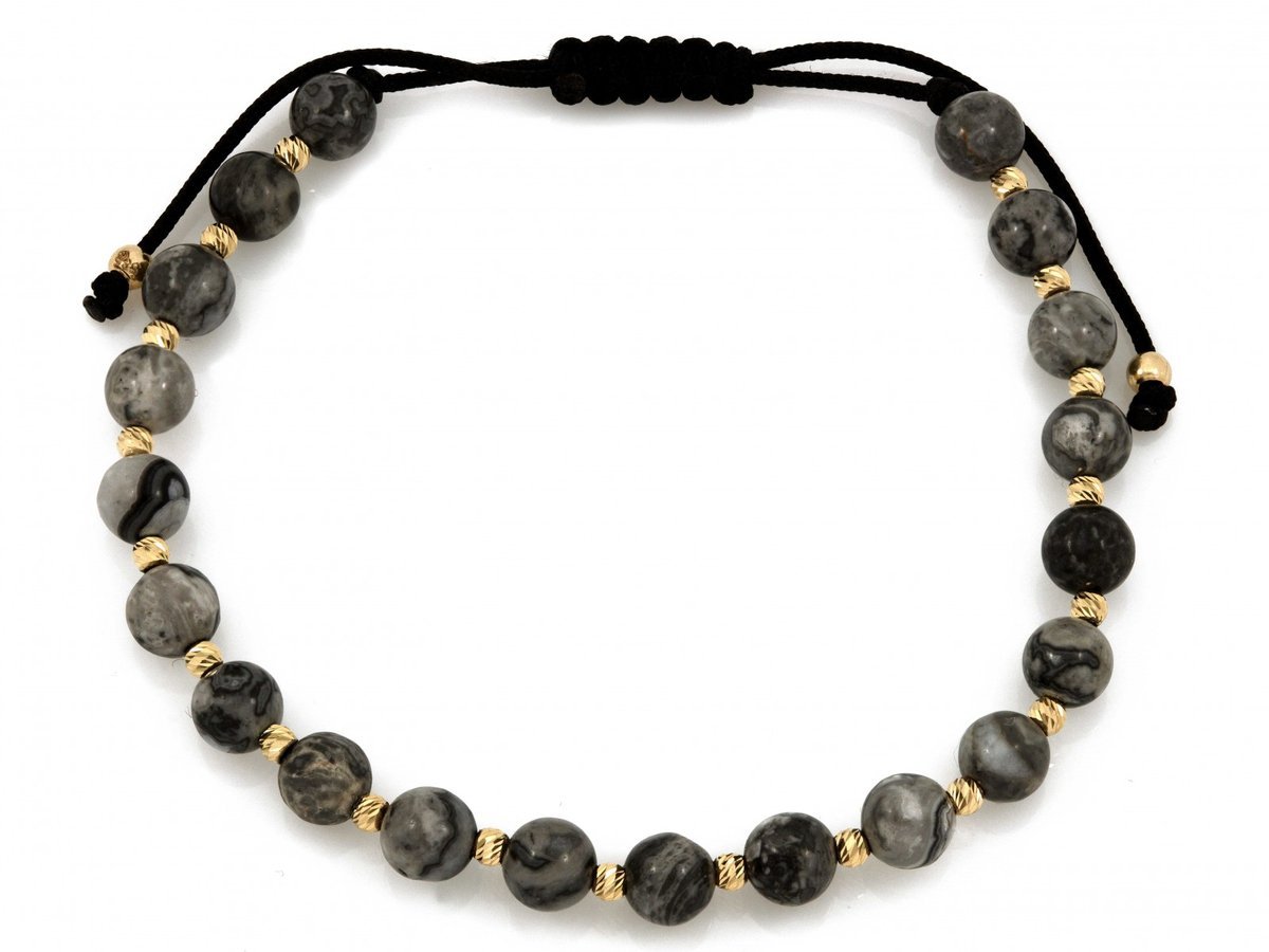 Bransoletka ze złota 585 14k 0.72g kulki marmurkowe z czarnym sznurku