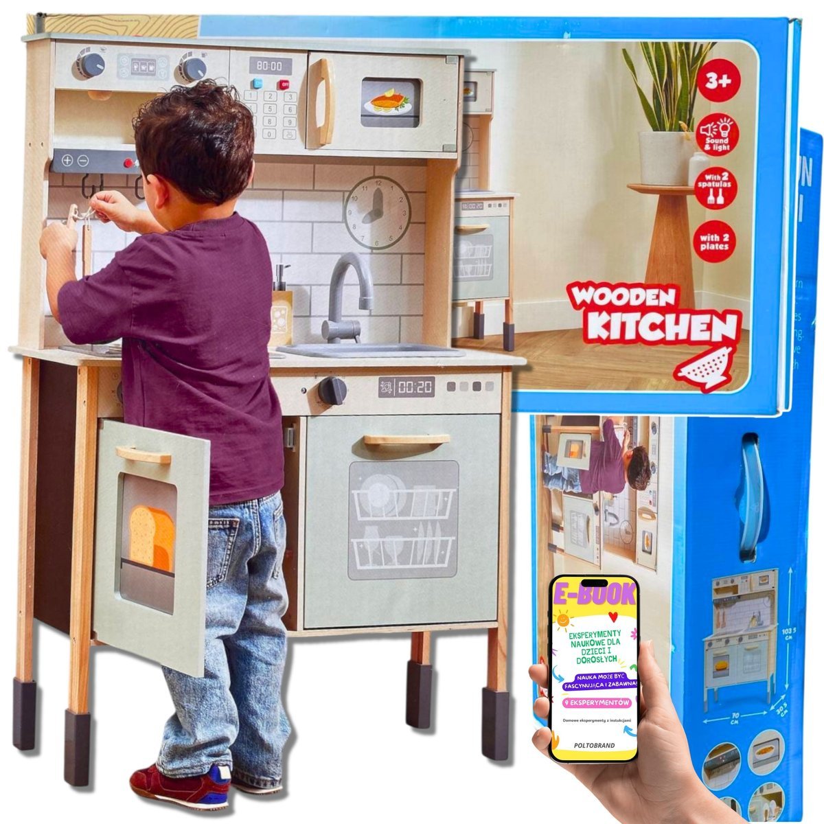 DREWNIANA KUCHNIA DLA DZIECI DZIECKA ZABAWA W DOMU ODGRYWANIE RÓL • ŚWIATŁO I DŹWIĘK • PREZENT DLA DZIEWCZYNKI I CHŁOPCA + EBOOK