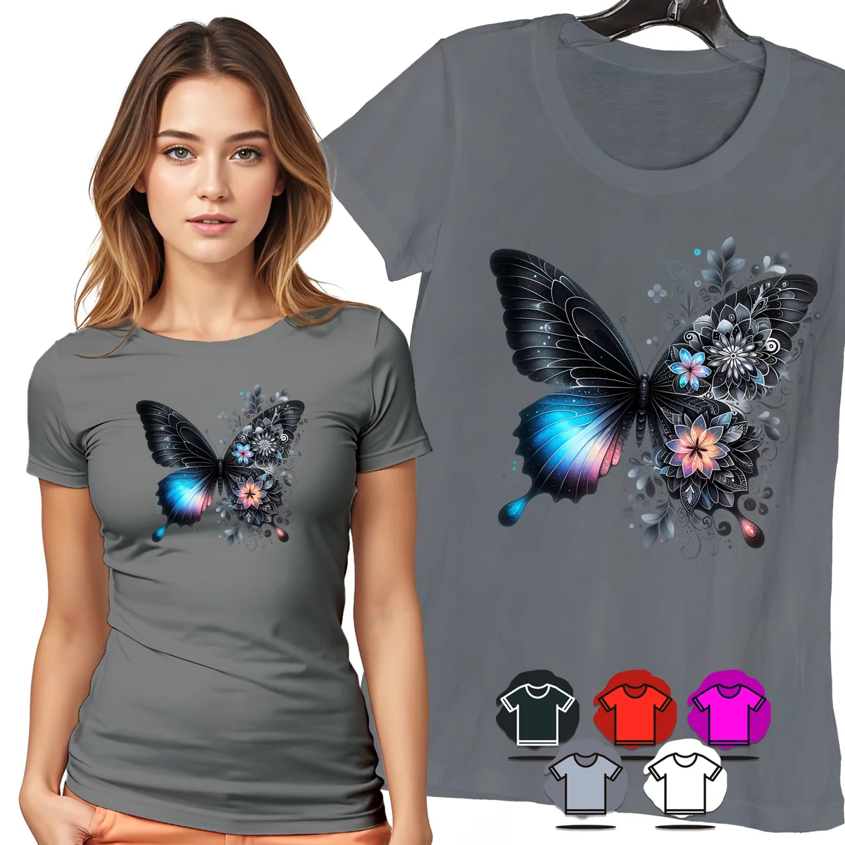 KOSZULKA DAMSKA T-SHIRT - MOTYL CZARNO NIEBIESKI KWIATY DAMSKI WZÓR - M