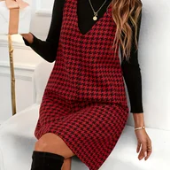 Sukienki - TEMU Damska czerwono-czarna sukienka w kratę w odcieniach czerwieni i czerni z dekoltem w serek, krój A - styl retro streetwear, uniwersalna sukienka - miniaturka - grafika 1