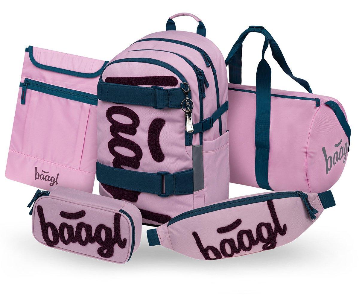 BAAGL Zestaw Szkolny 5w1 Plecak Ergonomiczny Skate Rose Różowy + Piórnik + Torba + Nerka + Etui na laptopa