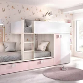 Łóżka dla dzieci i młodzieży - Łóżko piętrowe - 2 × 90 × 190 cm - wbudowana szafa - kolor biały, naturalny i różowy - JUANITO - miniaturka - grafika 1