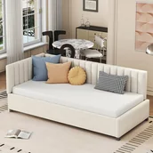 Łóżka dla dzieci i młodzieży - Łóżko dziecięce 90 x 200 cm - Sofa rozkładana - welur - stelaż - beż - miniaturka - grafika 1