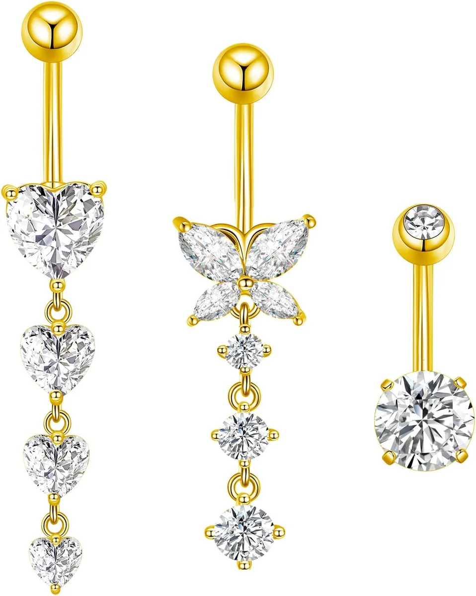 KOLCZYKI PĘPEK 3 SZTUKI ZŁOTE 10MM STALOWE PIERCING SERCE MOTYL WISZĄCE