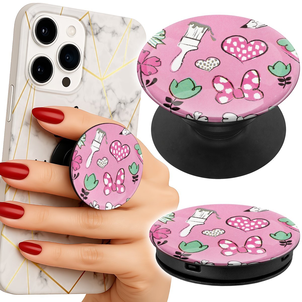 Uchwyt do telefonu Popsocket na palce/stojak SERCE KOKARDKA NA RÓŻOWYM TLE