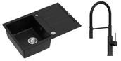 Zlewozmywaki z baterią - Quadron Unique Zlewozmywak granitowy jednokomorowy 78*50*22 cm z ociekaczem MORGAN 111 PURE CARBON z syfonem Push-2-Open w kolorze stalowym z baterią GEMMA Q LINE SLIM PURE CARBON z ruchomą wylewką kolor czarny/czarny wąż - - miniaturka - grafika 1