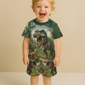 Dresy i komplety dla chłopców - TEMU Zestaw dla z krótkim rękawem z nadrukiem 3D dinozaurów - stylowy : koszulka i szorty z grafiką, jaskrawy prehistoryczny motyw zwierzęcy, wygodny - miniaturka - grafika 1