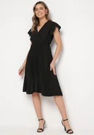 Sukienki - Czarna Rozkloszowana Sukienka Midi z Kopertową Górą i Plisowanym Dołem Alissu - miniaturka - grafika 1
