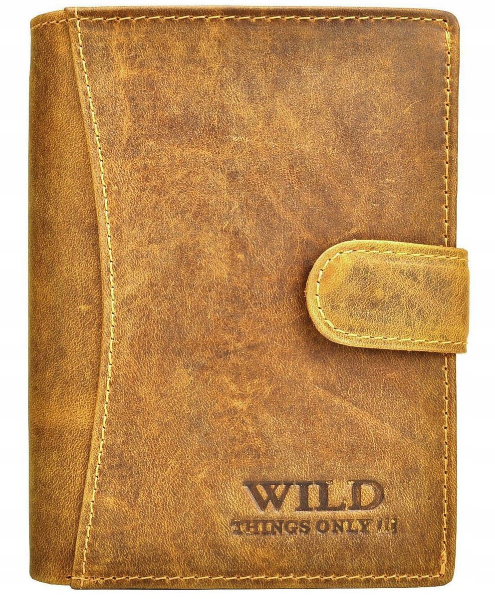 Jasny Brąz SKÓRZANY Portfel Męski na ZAPINKĘ Pionowy Młodzieżowy ELEGANCKI