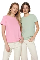 Koszulki i topy damskie - Trendyol Damska koszulka Basic Regular Basic z okrągłym dekoltem, Różowa mięta, M - miniaturka - grafika 1