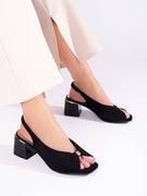 Sandały damskie - Czarne eleganckie sandały damskie zamszowe na słupku Shelovet - miniaturka - grafika 1