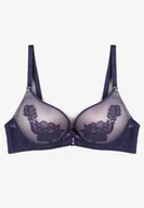 Biustonosze - Granatowo-Różowy Biustonosz Push Up Ozdobiony Kwiatowym Wzorem i Kokardką Amaril - Renee - miniaturka - grafika 1