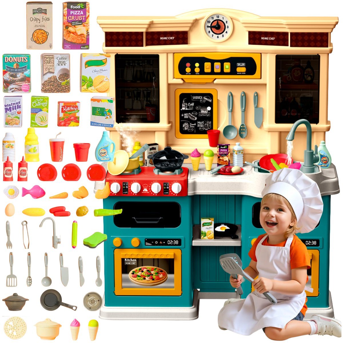 Kuchnia dla Dzieci Interaktywna Para Garnki Kran Zlew Palniki Woda 85 El.