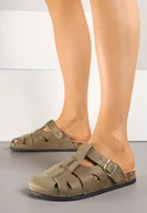 Klapki i japonki damskie - Zielone Klapki w Stylu Chodaków Zdobione Wycięciami Wisae - miniaturka - grafika 1