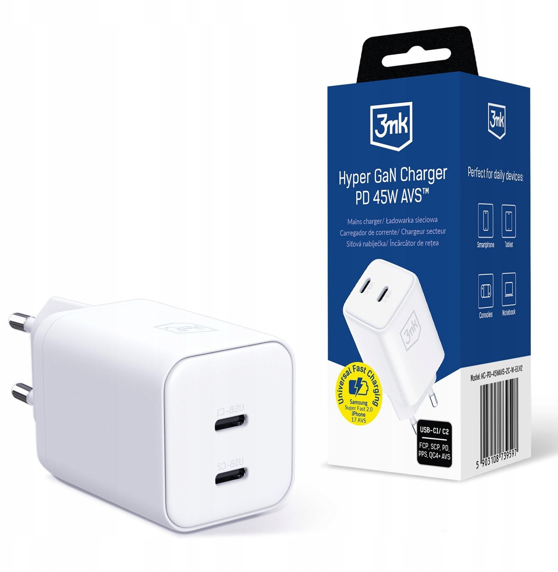3mk Hyper Charger PD 45W GaN AVS QC4+ PPS AFC FCP DCP 2C White