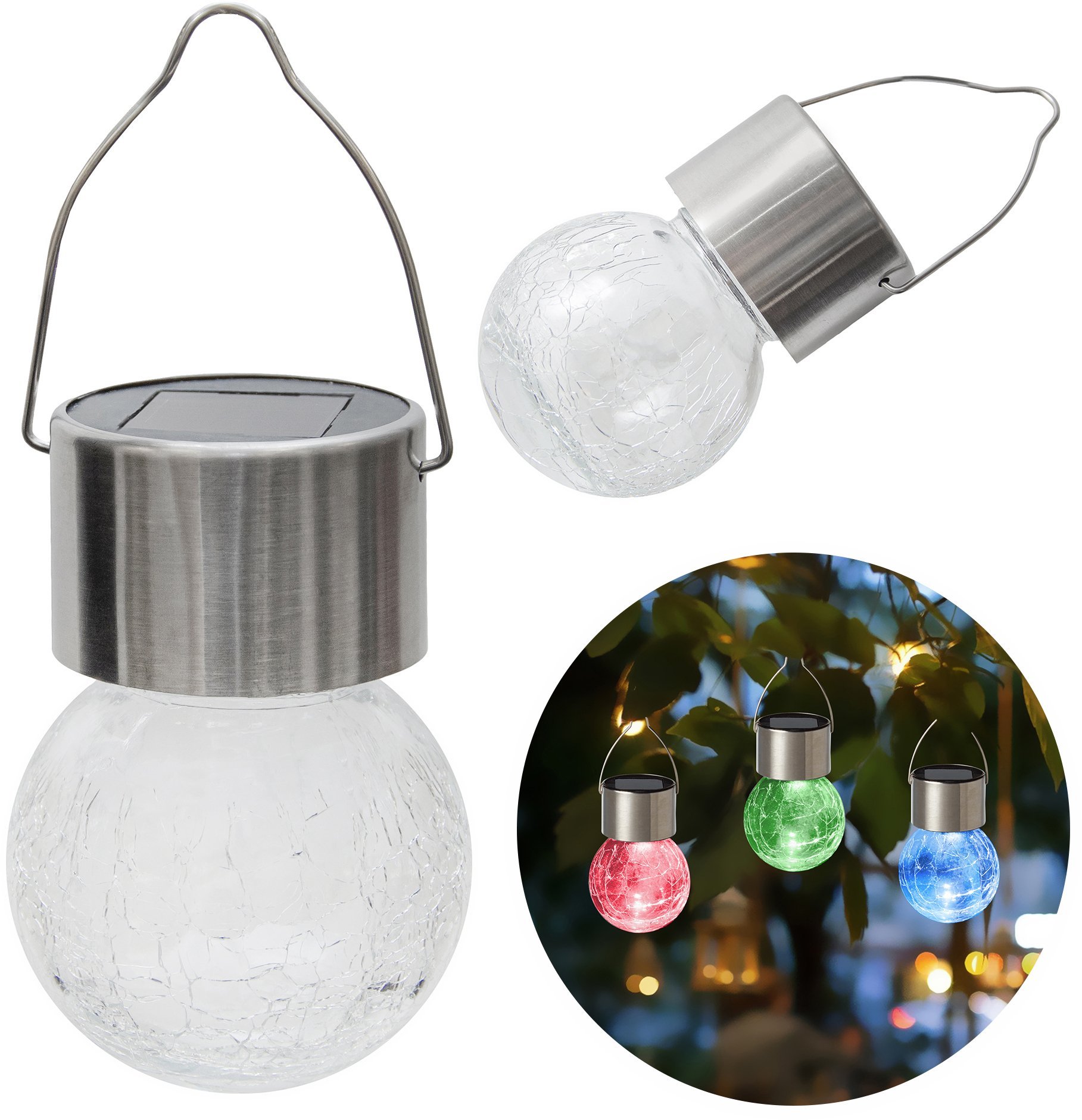 Sanico Lampka solarna RYSKA srebrna 1x LED RGB ogrodowa podwieszana kryształowa kula