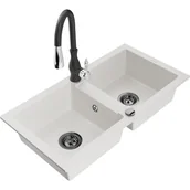 Zlewozmywaki z baterią - Mexen Mario zlewozmywak granitowy 2-komorowy z baterią kuchenną Savita, biały - miniaturka - grafika 1