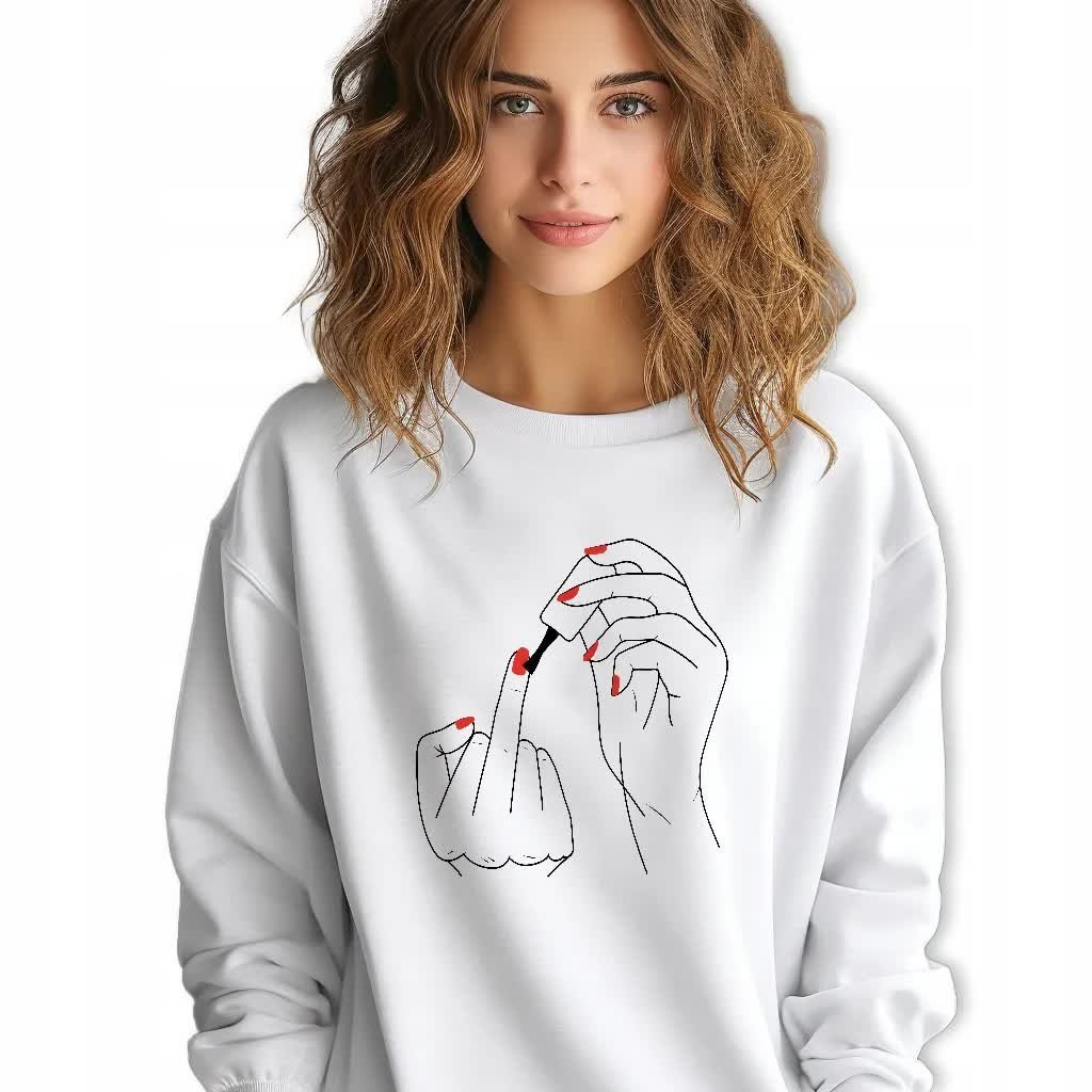 Biała Bluza Damska Dresowa FUCK OFF RED NAILS Zabawne Wzory Rozmiar M