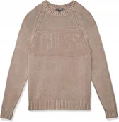 Swetry męskie - Guess Męski Beżowy Sweter z Okrągłym Dekoltem i Napisem XS Gma - GUESS - miniaturka - grafika 1