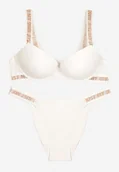 Komplety bielizny - Jasnobeżowy Komplet Ozdobiony Napisami z Biustonoszem z Efektem Push-Up i Majtkami Bralicia - miniaturka - grafika 1