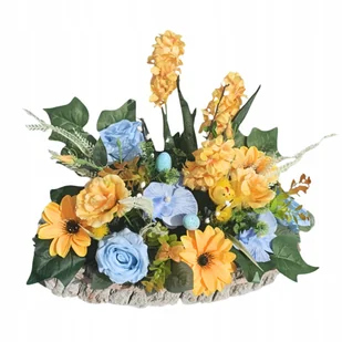 STROIK ŻÓŁTO-NIEBIESKI Wiosenna kompozycja Długa donica Hiacynty Róże - Sztuczne kwiaty - miniaturka - grafika 1