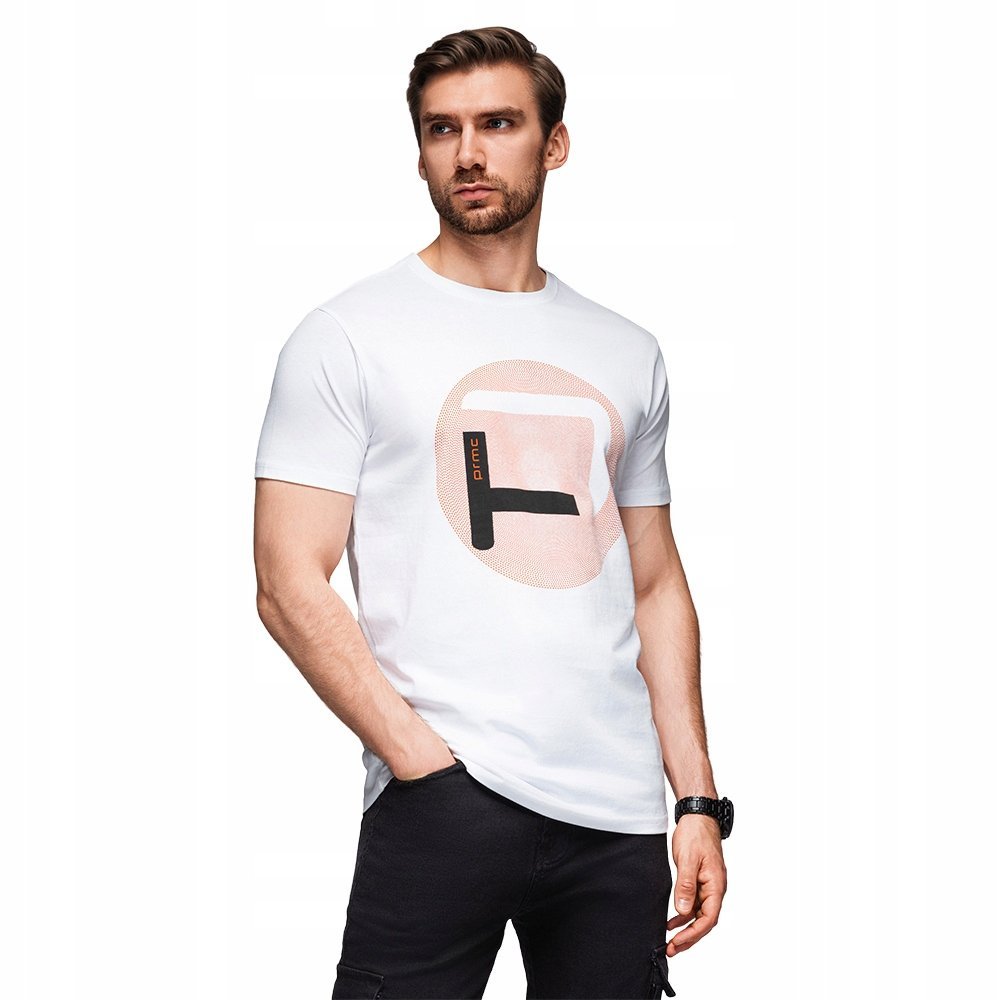 Klasyczny t-shirt męski z dużym nadrukiem - biały V1 OM-TSPT-0245 r. XL