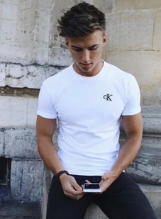 Koszulka Męska Calvin Klein biała haft CK, MIEJSKI LOOK, UPOMINEK HIT S - Koszulki męskie - miniaturka - grafika 1