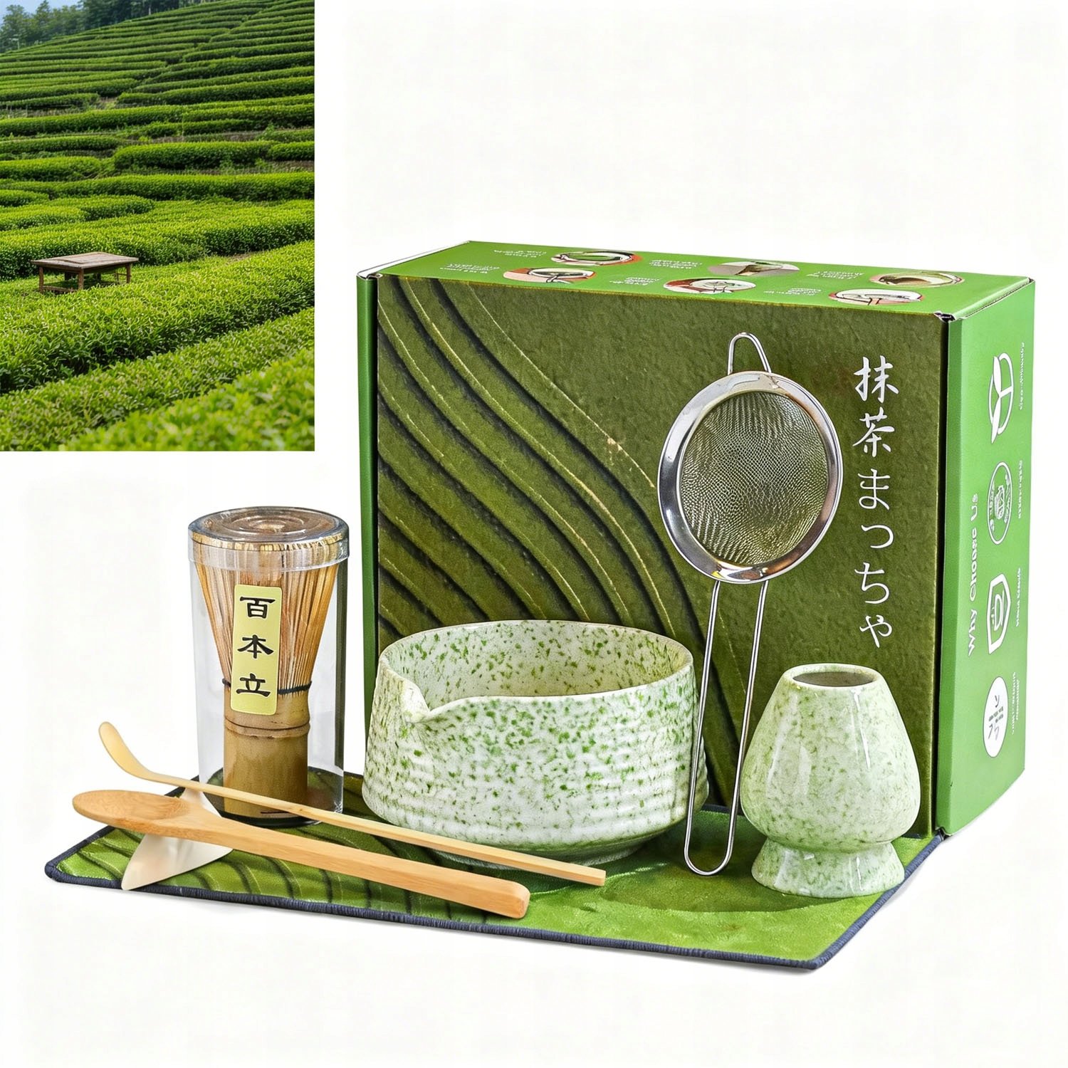 Komplet Matcha 8 Elementów Czara Z Wylewką Chasen 2 Łyżeczki Matcha Zielony