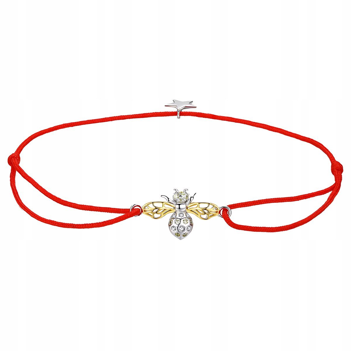 Bransoletka SREBRNA PSZCZÓŁKA czerwony sznurek pozłacana srebro regulowana