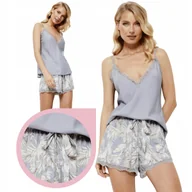 Piżamy damskie - Piżama Aruelle ALICE SHORT koronka top ramiączka kwiatowe szorty szara - XL - miniaturka - grafika 1