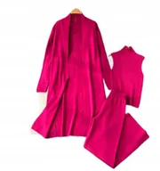 Swetry damskie - Kobiecy 3-Częściowy Różowy Zestaw Top Z Golfem Kardigan Spodnie Dzianinowe - miniaturka - grafika 1