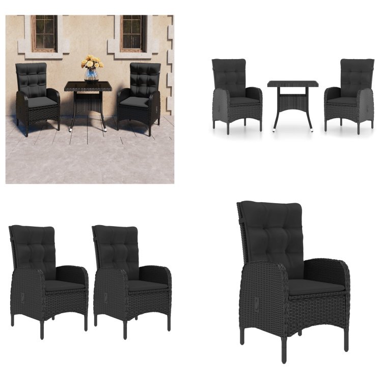 vidaXL 3-częściowy ogrodowy zestaw jadalniany z rattanu i szkła, czarny - Zestaw mebli ogrodowych - Zestawy mebli ogrodowych - Stół i krzesła ogrodowe - Stoły i krzesła ogrodowe